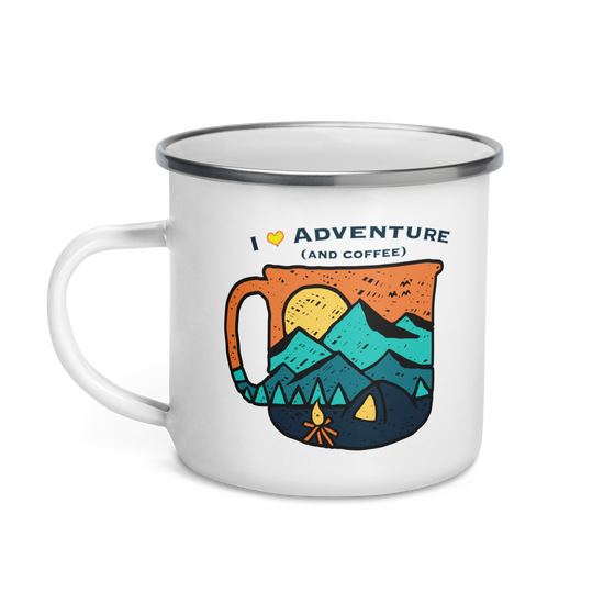 I Love Adventure and Coffee, camping enamel mug from River to Ridge Brand with a logo of mountains and a tent and camp fire