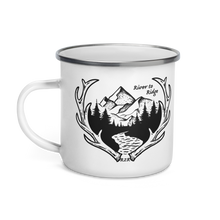  River to Ridge Brand enamel camping coffee mug with the Shed Hunting Elk Antler Logo and mountains and a river with R2R on it in metal and white