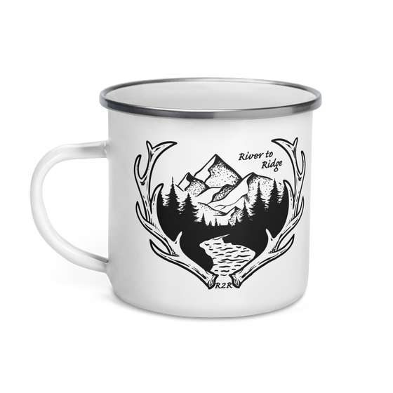 River to Ridge Brand enamel camping coffee mug with the Shed Hunting Elk Antler Logo and mountains and a river with R2R on it in metal and white