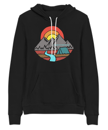  Womens hoodie in black and it says mountain air feeds my soul with a mountain a river and a tent on it from River to Ridge Brand