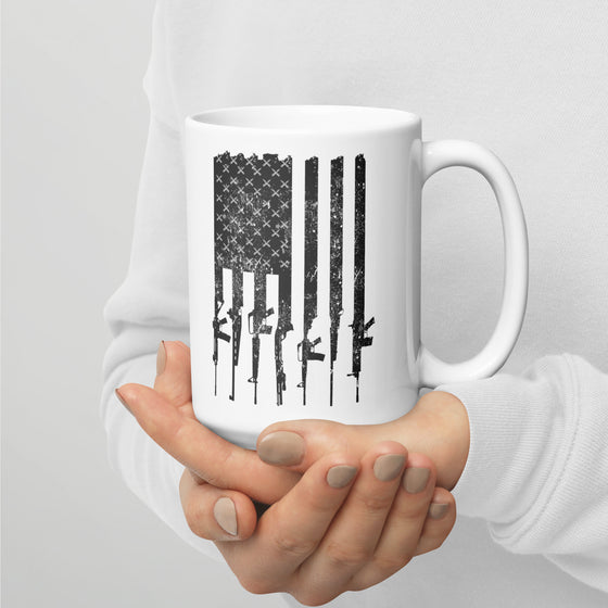 River to Ridge Brand Coffee Mug, large size in white with a gun logo of the american flag / patriotic with rifles /guns on it