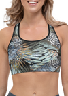 woman wearing turkey feather pattern sports bra, close up