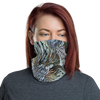 Woman wearing a face gaiter from River to Ridge Brand with Turkey Feather Pattern