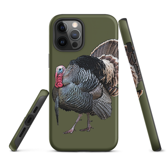 Strutting Tom Turkey with long beard on an iphone cell phone case from River to Ridge Brand in olive - photo shows 3 angles of the phone case