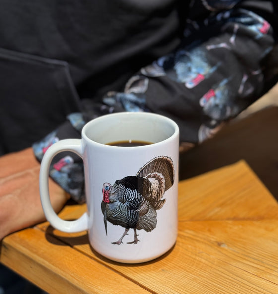 River to Ridge Brand coffee mug with a strutting tom turkey on it