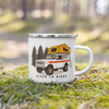 Enamel coffee mug from River to Ridge Clothing Brand with a vintage scout truck on with a tent on top camping in the forest in the moss