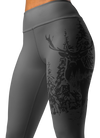 Woodland Logo Leggings with elk and antlers in graphite grey up close