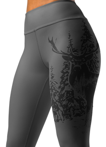  Woodland Logo Leggings with elk and antlers in graphite grey up close
