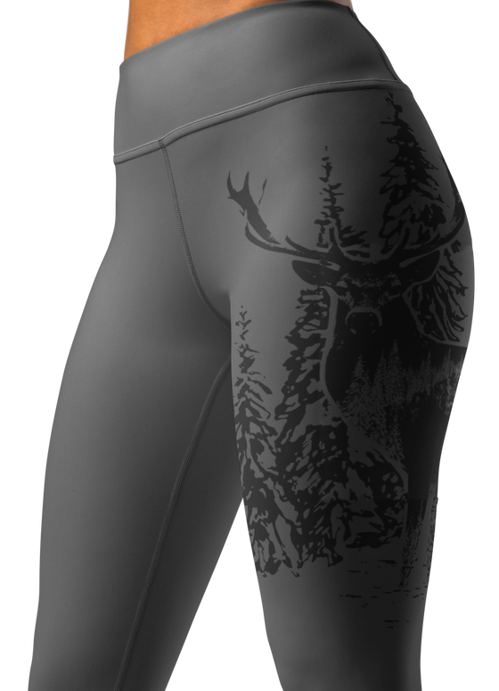 Woodland Logo Leggings with elk and antlers in graphite grey up close