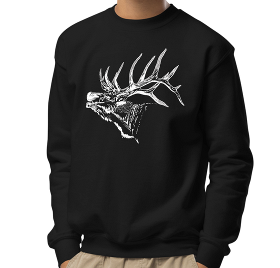 kids / boy wearing a sweatshirt in black with a white elk head on it bugling with its antlers up 