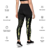Womens camo flag sports leggings with chart showing features like butt lifting, slimming, compression, hidden pocket and a photo of the leggings