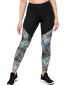 Womens activewear leggings in black and turkey feather pattern for compression