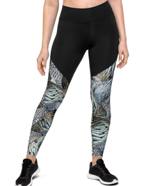  Womens activewear leggings in black and turkey feather pattern for compression