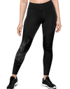 Womans woodland compression leggings in black with a red stag elk on them, and sports fabric to increase circulation