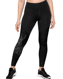  Womans woodland compression leggings in black with a red stag elk on them, and sports fabric to increase circulation