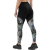 Back view of the turkey feather pattern compression leggings with booty lift feature on a woman wearing black tennis shoes