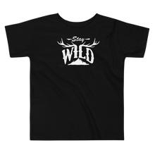  children's t shirt from river to ridge brand with the stay wild logo on it and elk antlers and mountains for kids