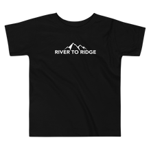  childs t shirt for a toddler with the river to ridge logo on it in white featuring mountains