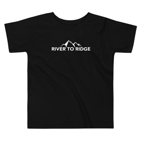 childs t shirt for a toddler with the river to ridge logo on it in white featuring mountains