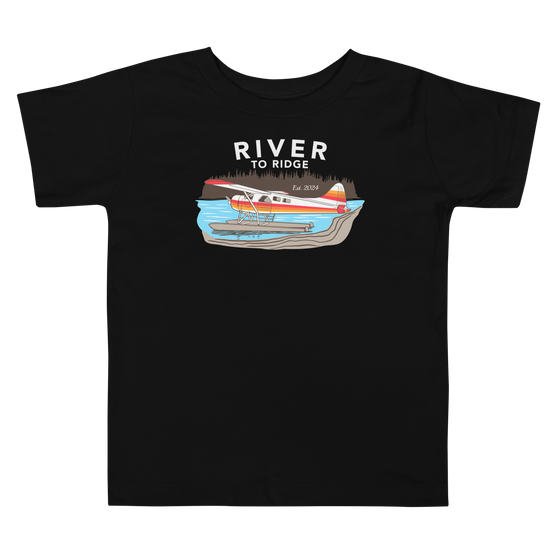 Kids River to Ridge Brand Bush Pilot T shirt with a small airplane on the lake on it - backcountry taxi