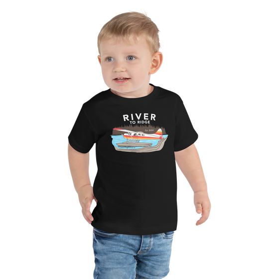 Little Boy wearing an alaska bush plane t shirt from river to ridge brand in black - backcountry taxi