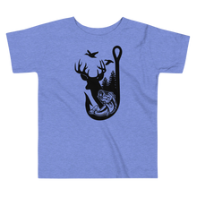  children's t shirt from River to Ridge Brand with the Outdoor Life Logo on  a blue toddler t shirt, it has a bass, fishing hook, whitetail deer, ducks and the forest