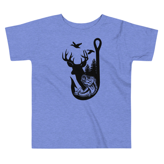 children's t shirt from River to Ridge Brand with the Outdoor Life Logo on  a blue toddler t shirt, it has a bass, fishing hook, whitetail deer, ducks and the forest