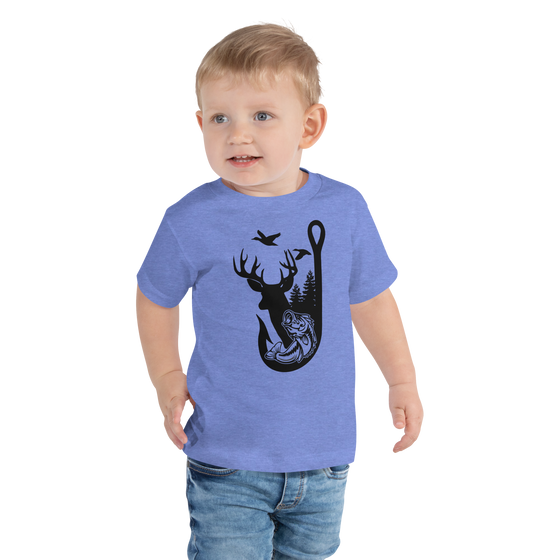 Little boy wearing a river to ridge brand outdoor life logo t shirt in blue with toddler jeans. Logo has bass fishing, duck hunting and deer hunt on it