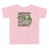 Little girls / toddler t shirt from River to Ridge brand which is pink with a trout on it and says Somewhere Over the Rainbow with a woman angler fishing