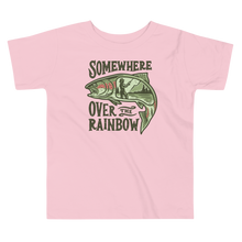  Little girls / toddler t shirt from River to Ridge brand which is pink with a trout on it and says Somewhere Over the Rainbow with a woman angler fishing