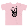 Little girls t shirt from River to ridge outdoors with a bass and a fishing hook and the shadow of a deer with antlers and ducks or geese flying in black