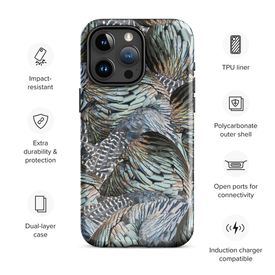 impact resistant phone case for iphone from river to ridge brand featuring a turkey feather pattern for outdoorsmen