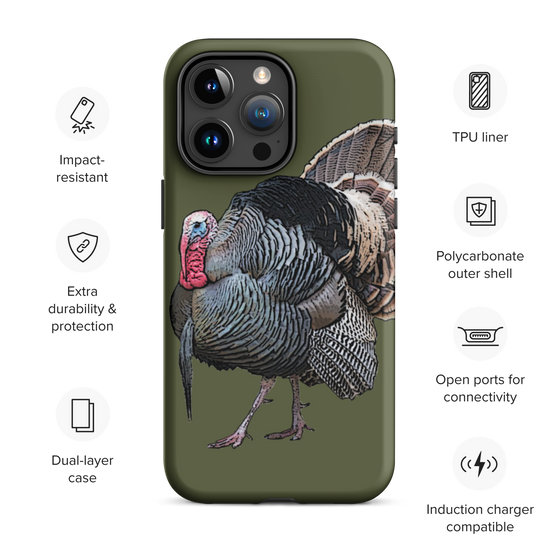 Strutting Tom Turkey with long beard on an iphone cell phone case from River to Ridge Brand in olive