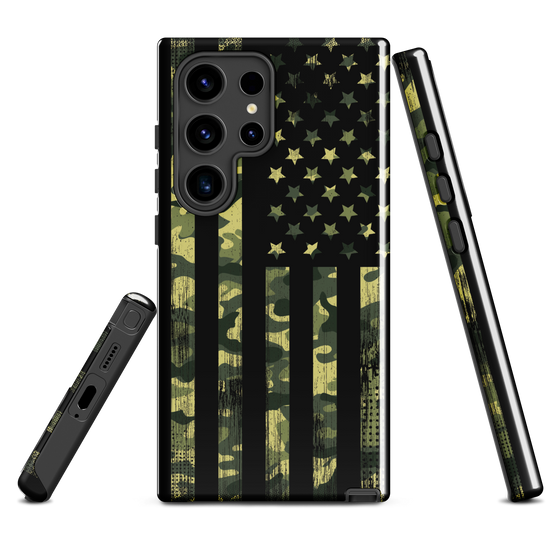 Camo Flag phone case for Samsung from River to Ridge Brand, shows 3 angles of the cell phone