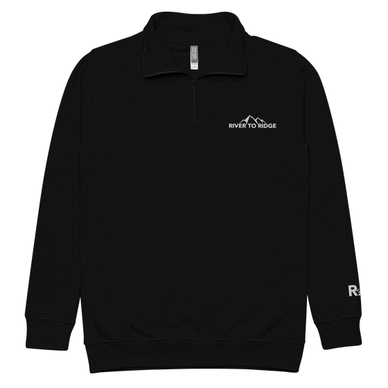 Unisex River to Ridge half zip pullover in black with embroidery logo on chest and sleeve for R2R in white