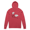 Womens lightweight t shirt hoodie in red with mountain goat logo standing on a ledge