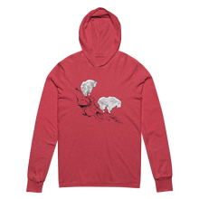  Womens lightweight t shirt hoodie in red with mountain goat logo standing on a ledge