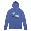 Womens lightweight t shirt hoodie with alaskan mountain goats standing on a cliff, blue and white