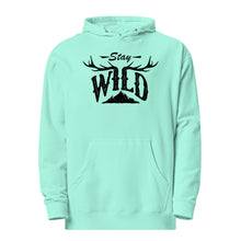  Stay Wild Logo with mountains and antlers for the letters; hoodie from River to Ridge Apparel