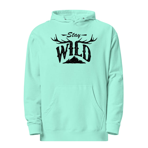 Stay Wild Logo with mountains and antlers for the letters; hoodie from River to Ridge Apparel