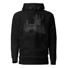  Black hoodie with charcoal print of a Stag on it, woodland logo from River to Ridge Brand