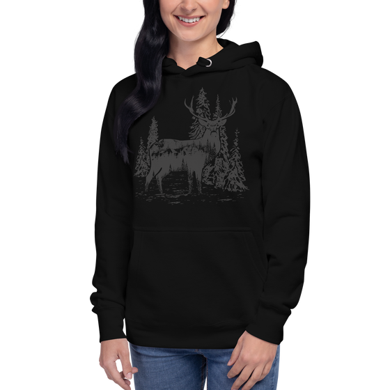 Woman in a Stag Hoodie with antlers in black and charcoal