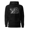 Womens hoodie for River to Ridge brand in black with a whitetail deer skull and big antlers over a camo USA flag in black and white