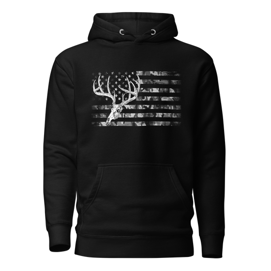 Womens hoodie for River to Ridge brand in black with a whitetail deer skull and big antlers over a camo USA flag in black and white