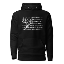  Whitetail Flag Hoodie, Black hooded pullover with deadhead deer and camo flag in the background from River to Ridge Brand