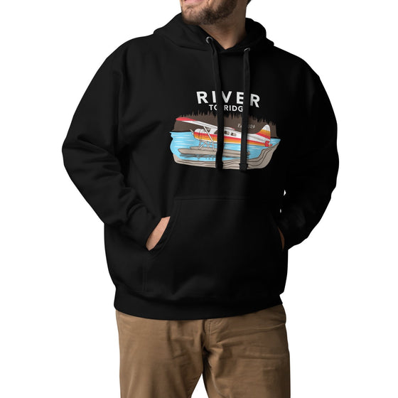 Men's Backcountry Taxi Hoodie from River to Ridge Clothing Brand with an Alaskan Bush Plane, Otter on floats on a lake on a black pullover