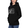 Woman wearing a River to Ridge brand hoodie in black with a whitetail deer skull and antlers over the USA flag printed in camo and black and white