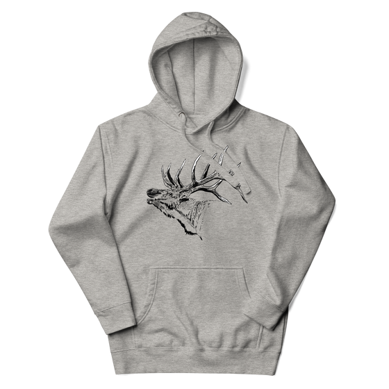 Mens River to Ridge Brand hoodie in grey with an elk on it with large antlers