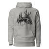 Grey unisex hoodie from river to ridge brand with a red stag deer or elk on it with antlers and its in the forsest in black