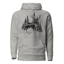  Grey unisex hoodie from river to ridge brand with a red stag deer or elk on it with antlers and its in the forsest in black